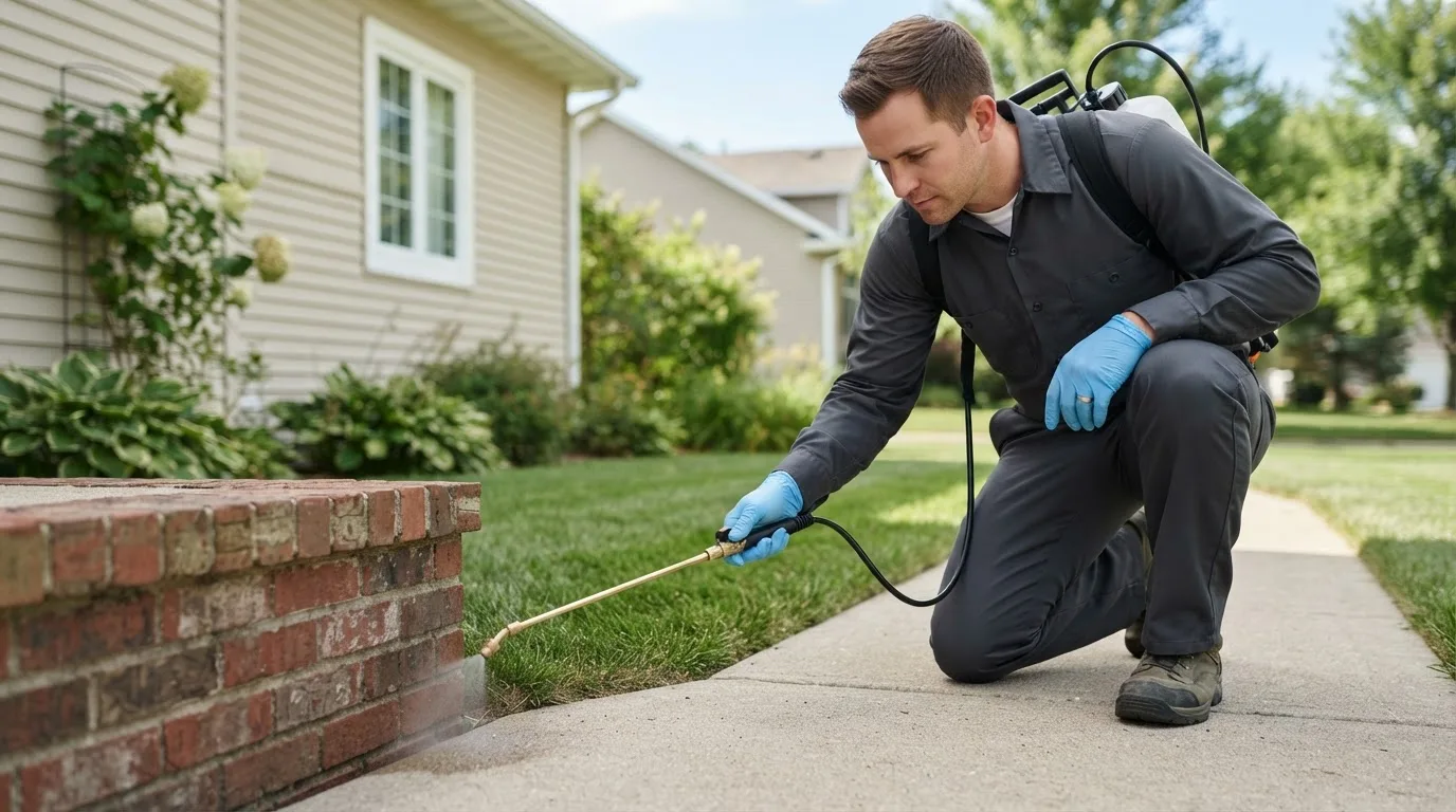 Pest control technician treating a home near Neches, TX